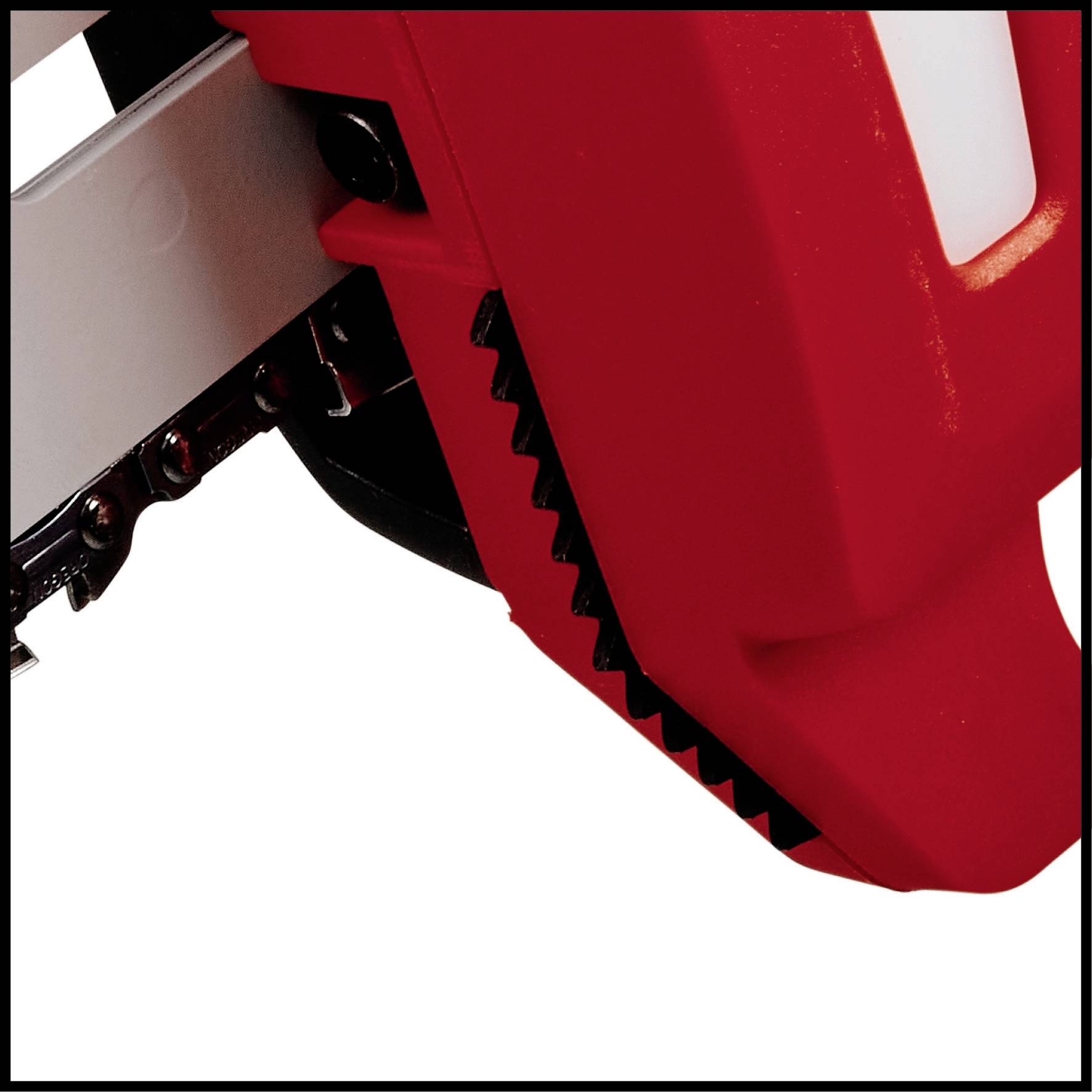 Red detail of a chainsaw with visible chain and teeth, close-up.
