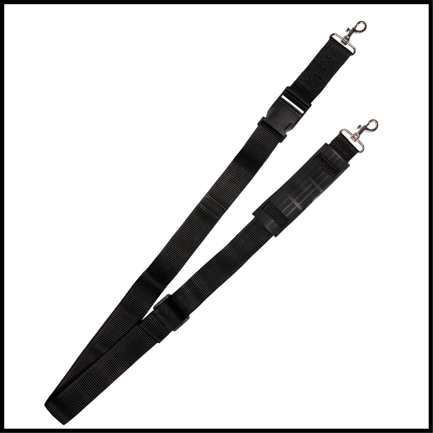 A black, adjustable shoulder strap with two metal carabiners at the ends, suitable for attaching to bags or suitcases.