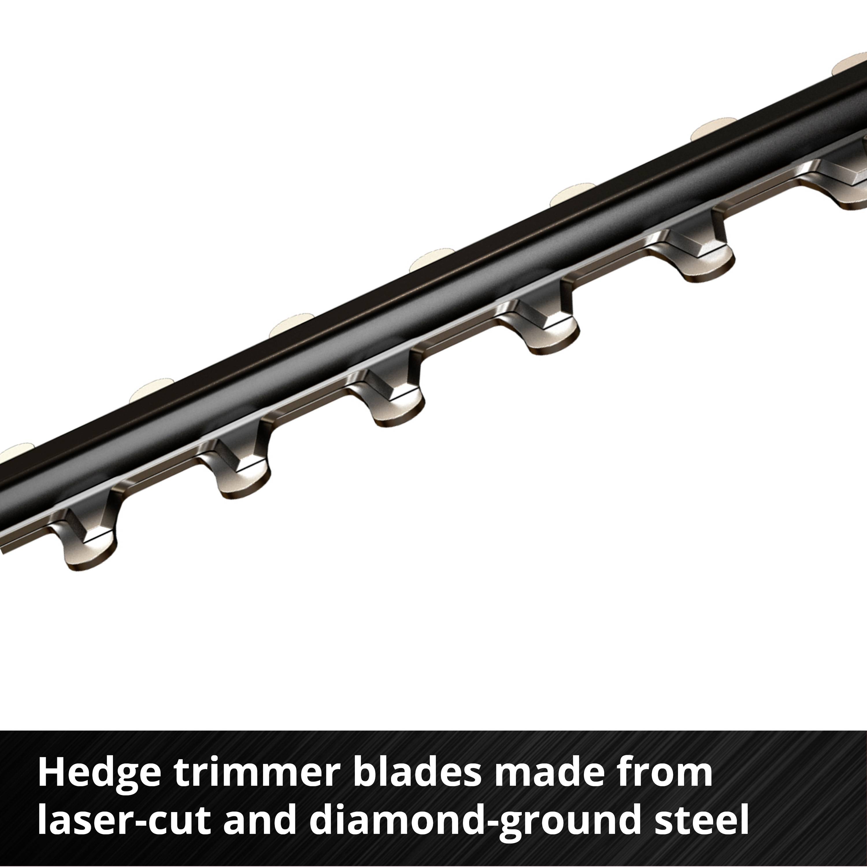Hedge trimmer blades made from laser-cut and diamond-ground steel.