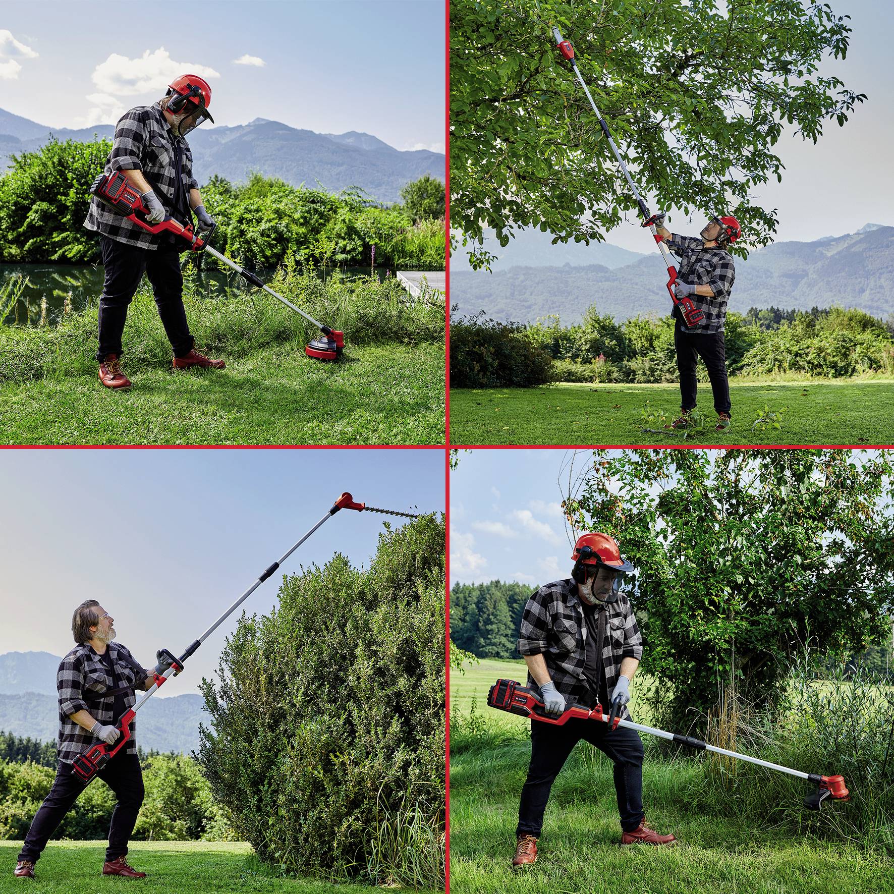 A person is cutting tall grass and hedges with an electric lawn trimmer in four images, set in a green garden with a mountainous backdrop.