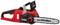 Battery-powered chainsaw with a red housing, black handle, and silver guide bar. Brand logos visible on the device.