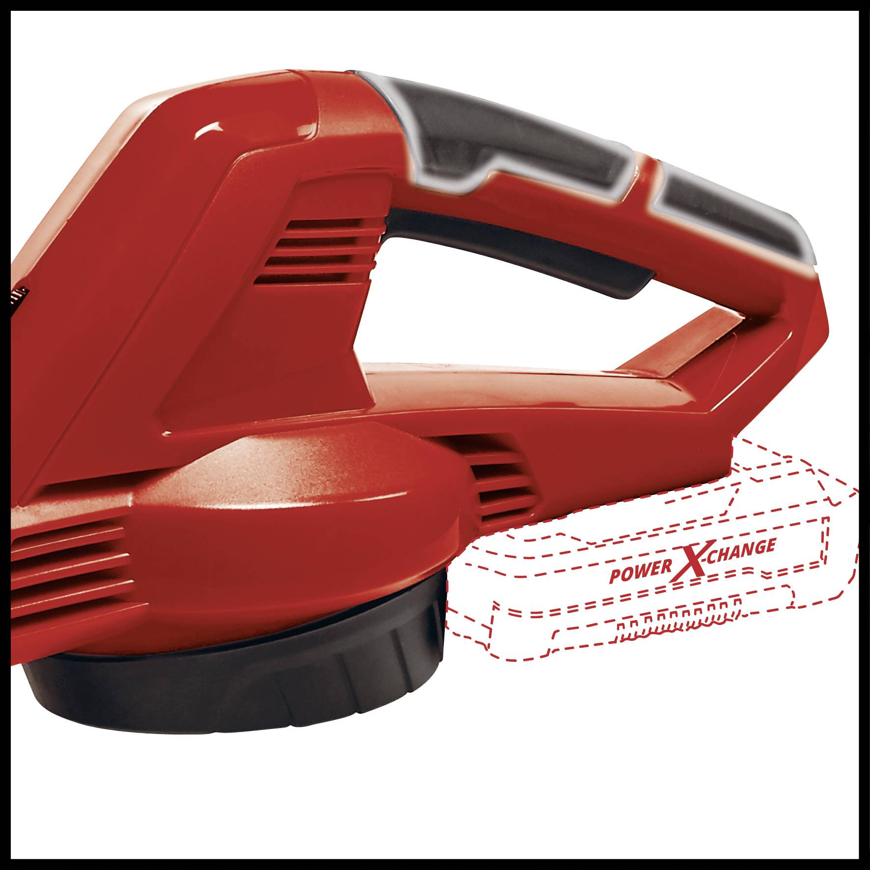 A red, cordless electric tool with a handle. 'Power X-Change' system highlighted, battery not included.