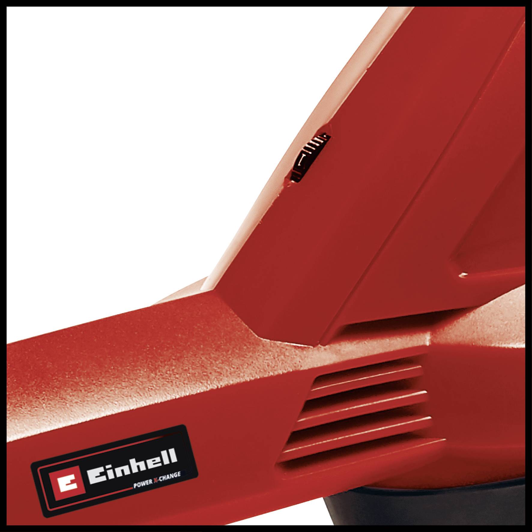 A red power tool from Einhell, close-up of a ventilation slot with logo visible.