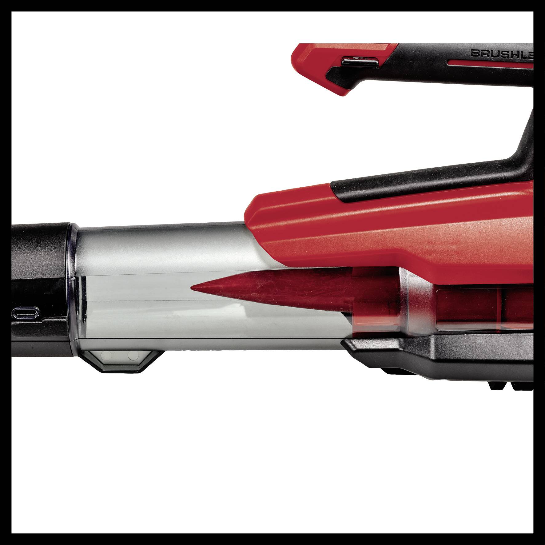 A red and black blower, a close-up of the motor and air outlet, emphasises the sleek, modern design and functionality.