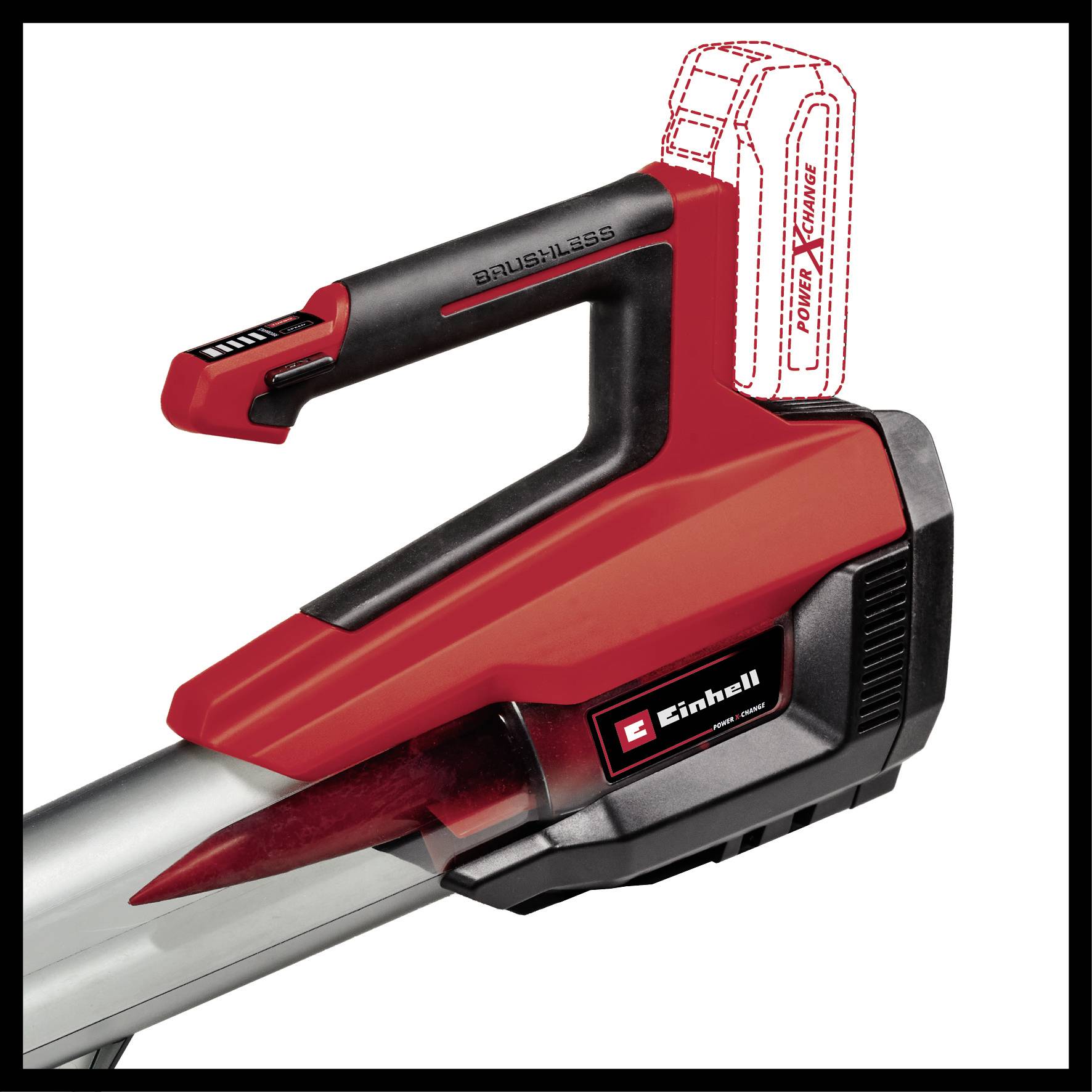 A red, cordless leaf blower with an ergonomic handle and battery housing. The brand name 'Einhell' is visible.