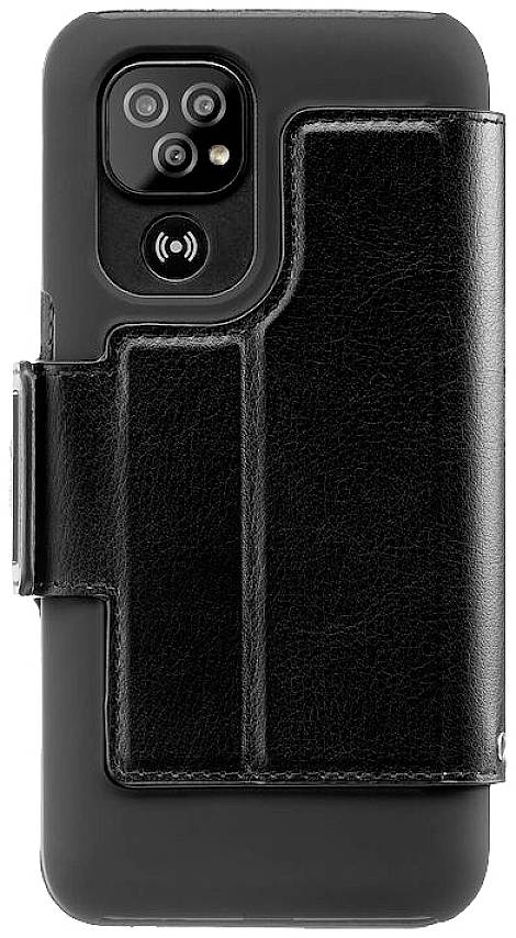 Black smartphone with a leather case and cameras on the back, looks modern and robust.