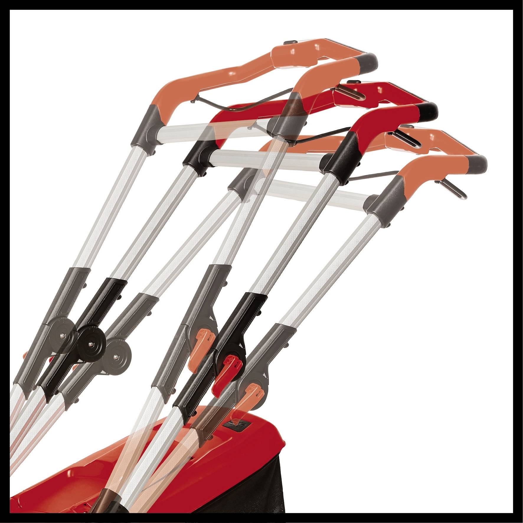 The handle of a lawnmower shows adjustable positions through multiple overlays. This illustrates the flexibility of the handle.