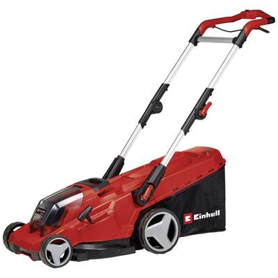 A red, cordless lawnmower by 'Einhell' with a transparent cover at the front and a collection basket at the rear.