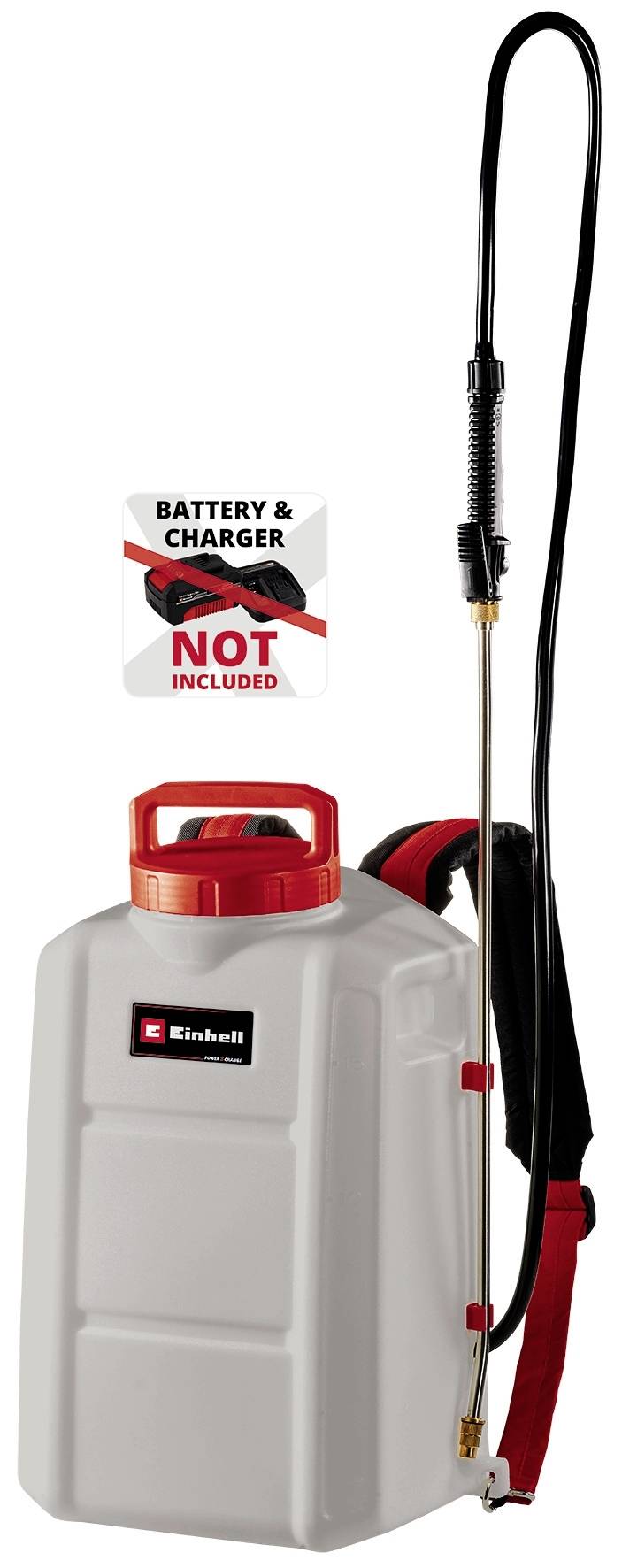 A thistle spray bottle with a black handle and a red lid. A warning label at the top reads: 'Battery and charger not included'.