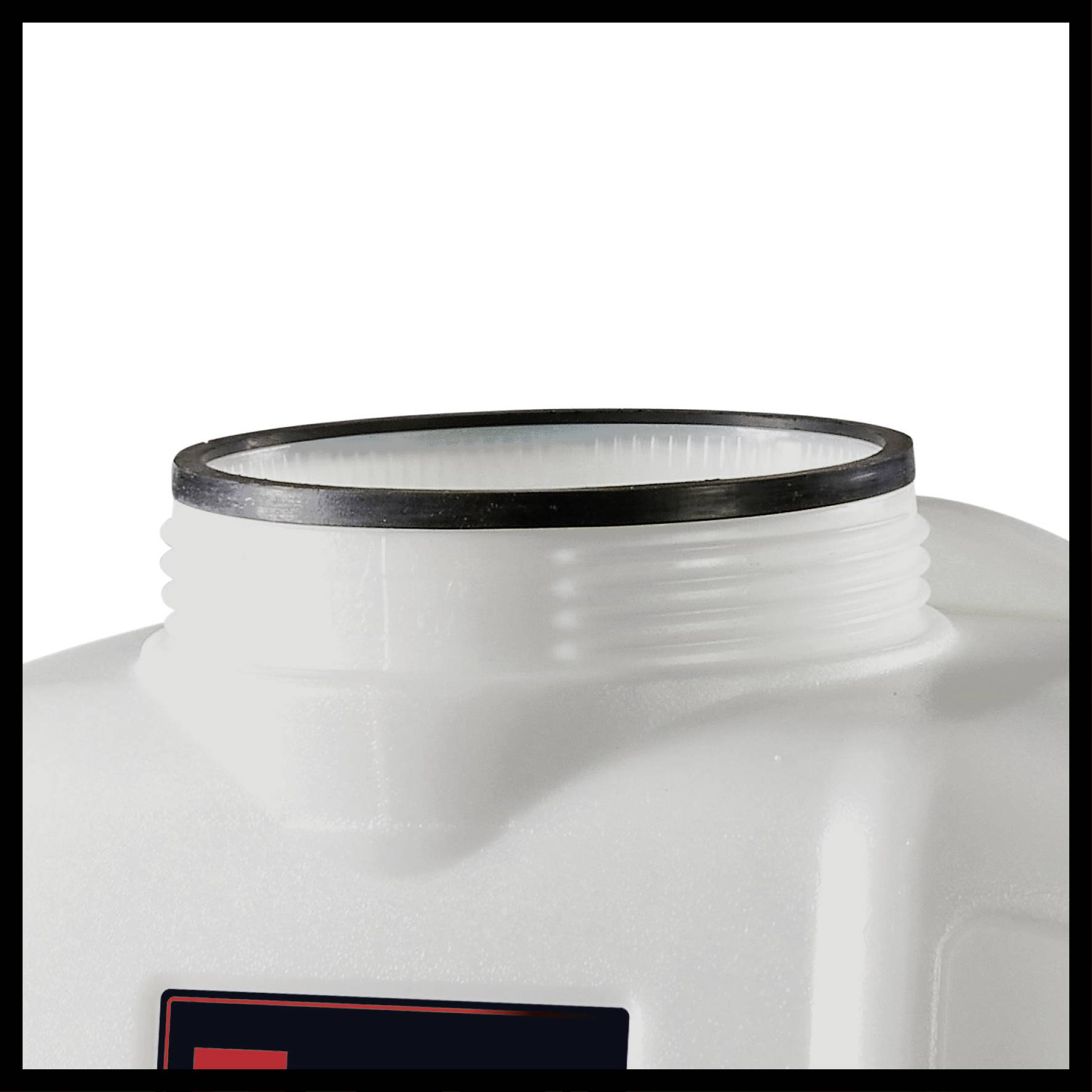 A white plastic container with a large, round opening and a black sealing ring. Container is partially visible and standing upright.