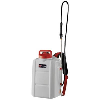 'Einhell' pressure sprayer with a red handle, grey tank and long hose. Designed for garden work and plant care.
