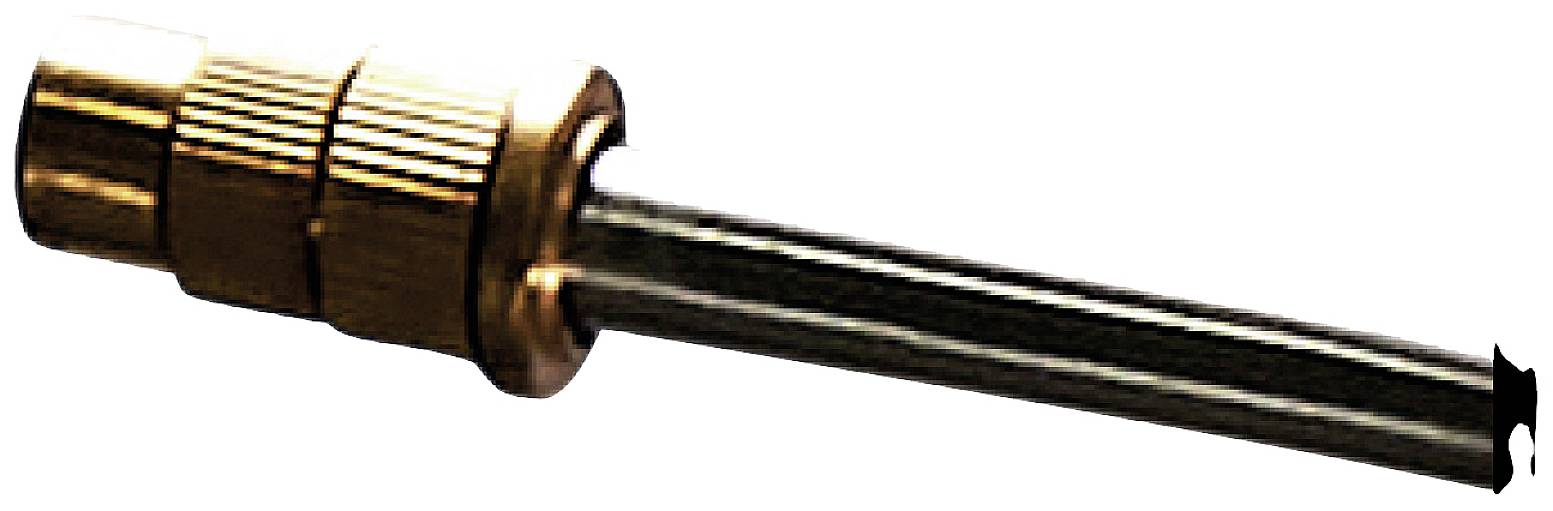 A metal drill bit with a golden, ridged handle and a long, narrow tip for drilling into hard materials.