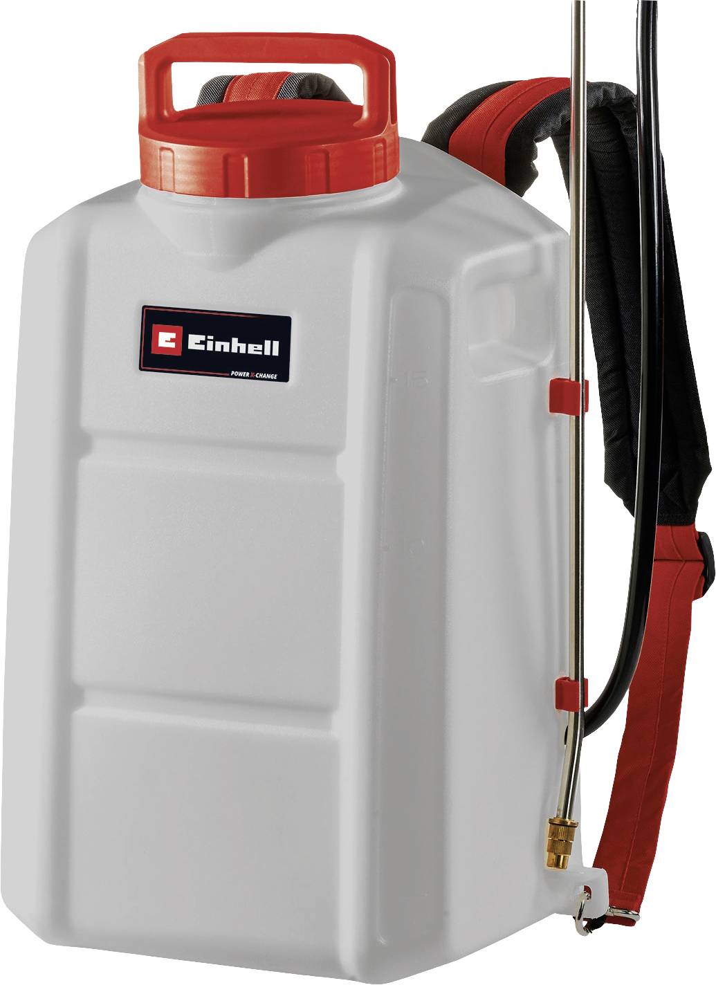 A large, grey backpack sprayer with a red lid and carrying strap. Suitable for spraying liquids such as water or fertiliser.