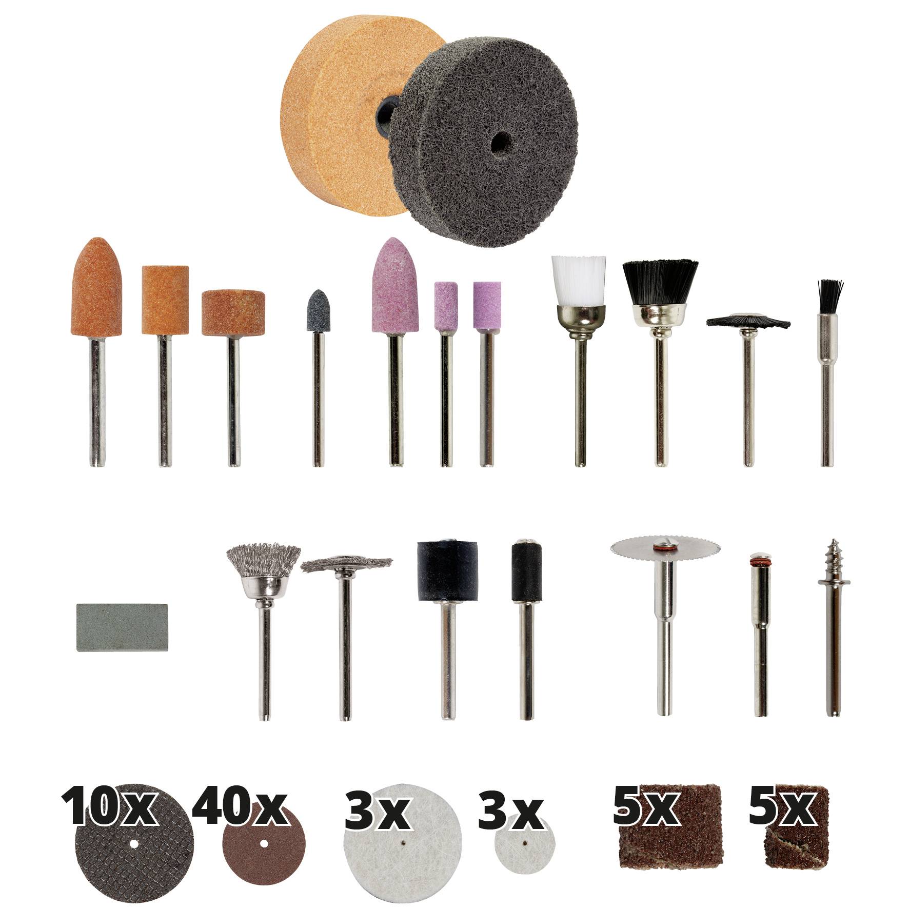 Image shows various grinding and polishing attachments for hand tools, including grinding stones, wire brushes and polishing discs, numbered with quantities per type.