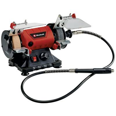 'Twin grinding machine with two grinding wheels, red housing and flexible grinding hose for fine finishing of workpieces.'