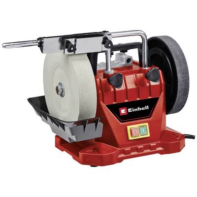 A red grinding machine with a large, grey grinding wheel and a smaller, black grinding wheel. Einhell logo on the front.