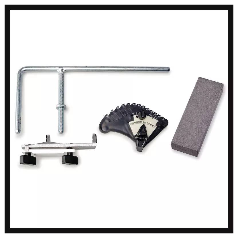 A set of four different measuring tools on a white background: an angle gauge, a calliper, a height gauge, and a grinding stone.