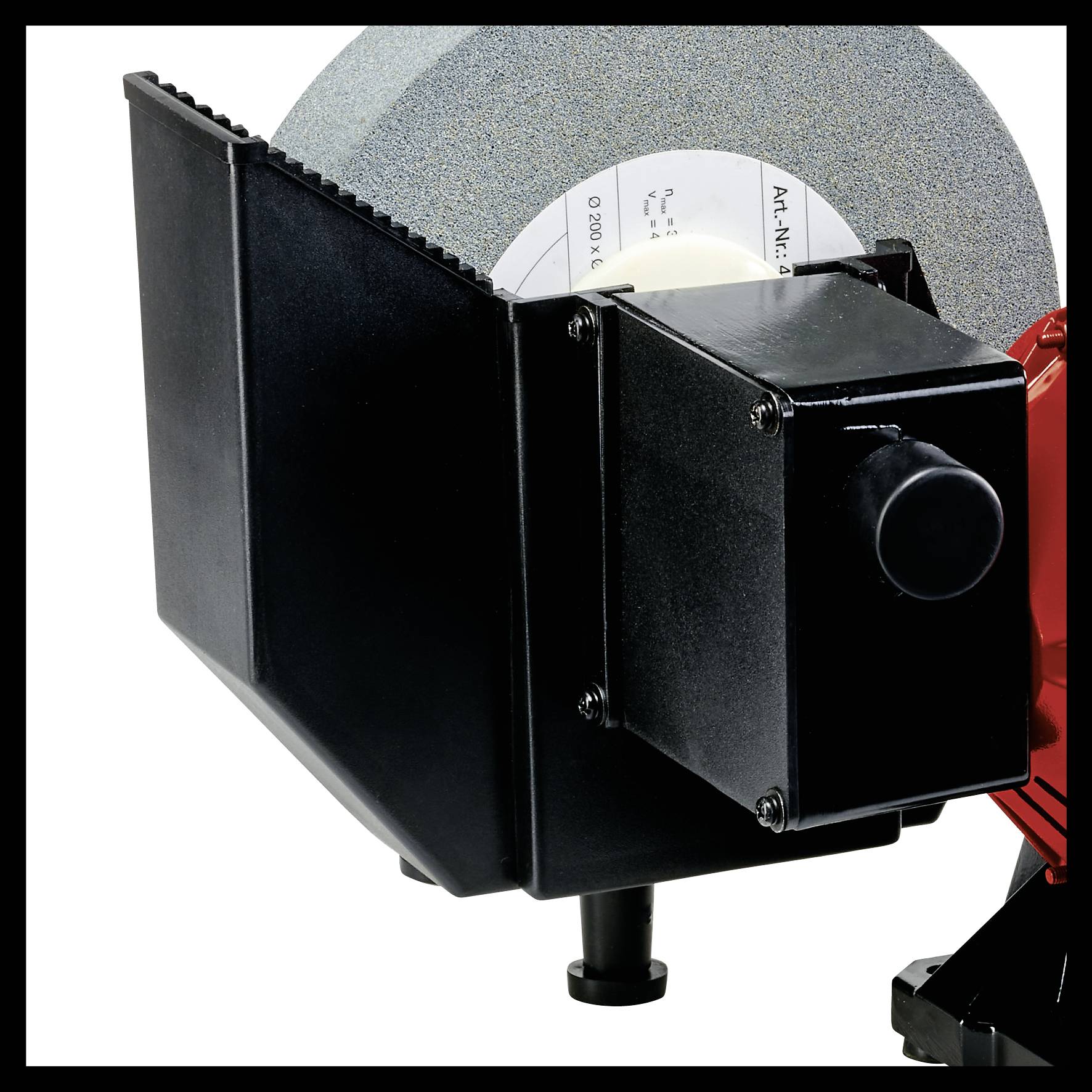 A grinding machine with a circular grinding wheel and black protective housing, suitable for sharpening tools and other materials.