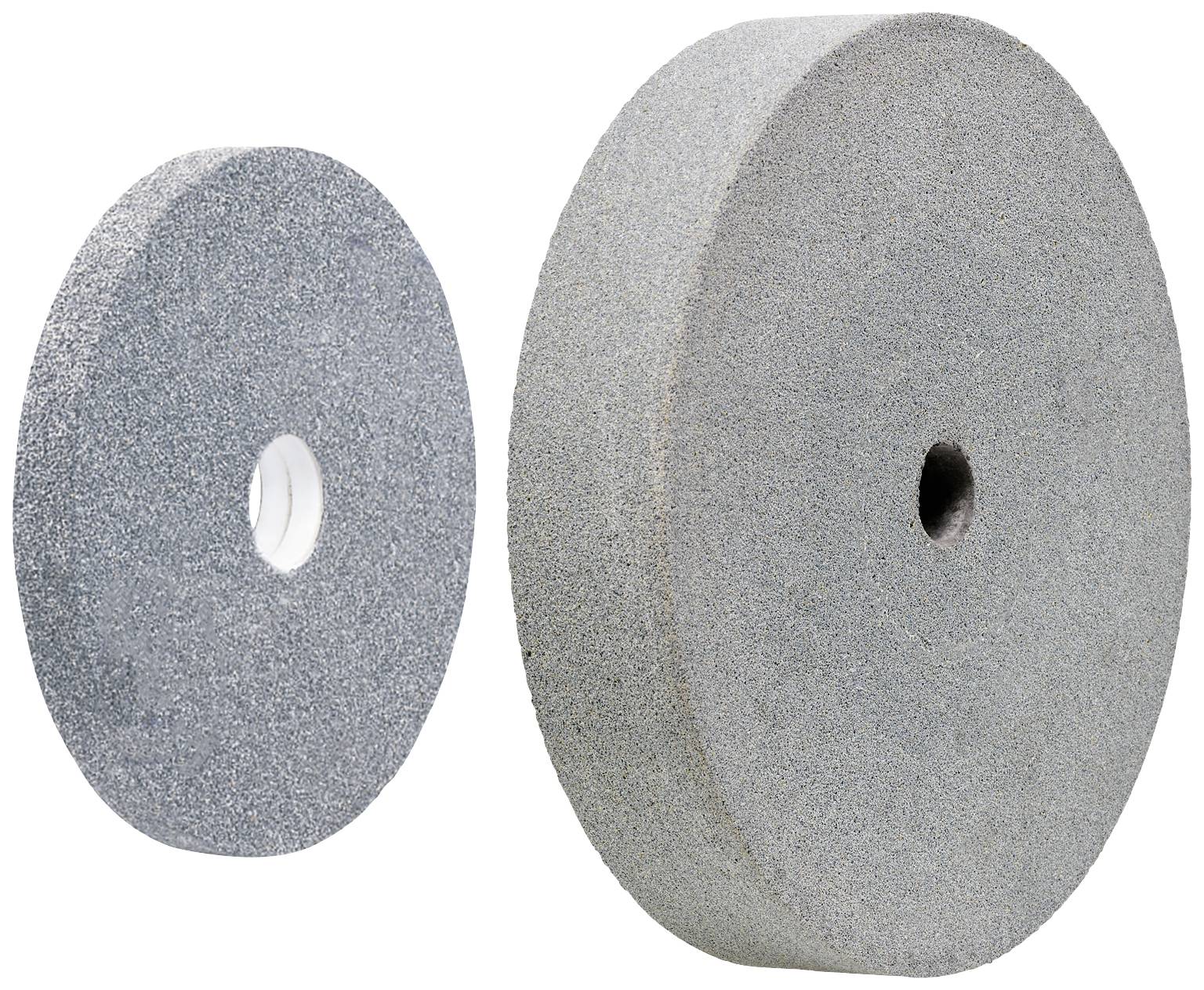 'Two grinding wheels', the left one smaller than the right. Both are cylindrical, grey and have a rough surface.