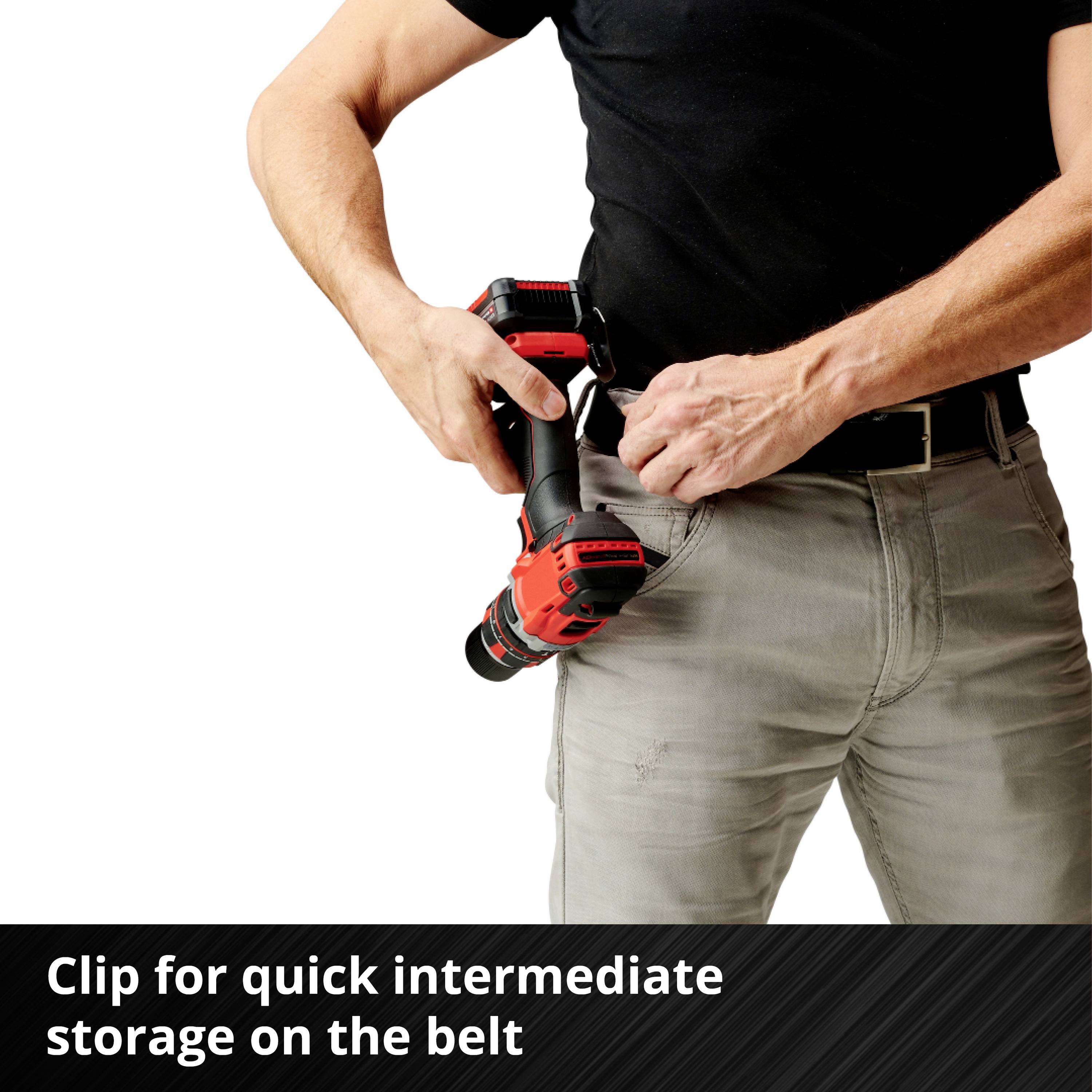 A person is holding a drill attached to a belt clip. Text: 'Clip for quick temporary storage on the belt'.