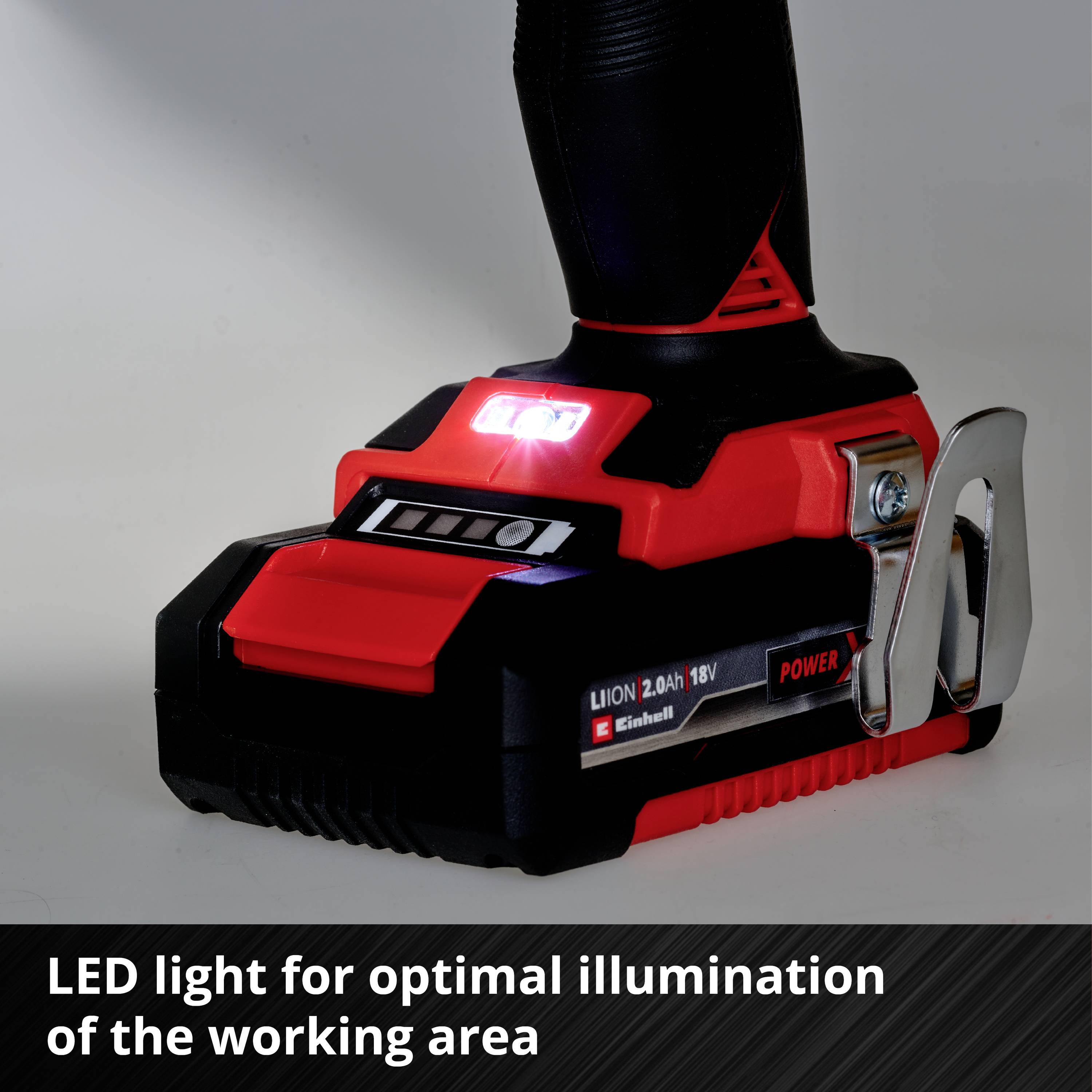 Cordless drill with integrated LED light to illuminate the work area, display shows battery and performance status.