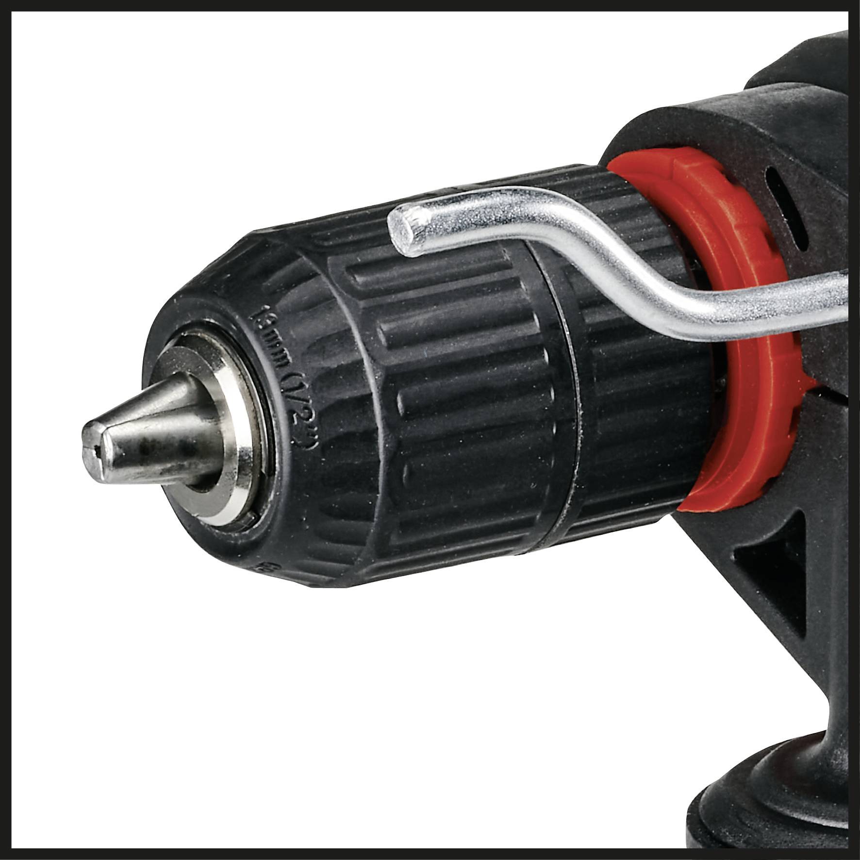 Close-up of a drill head with a black handle and red accents, suitable for precise drilling work.