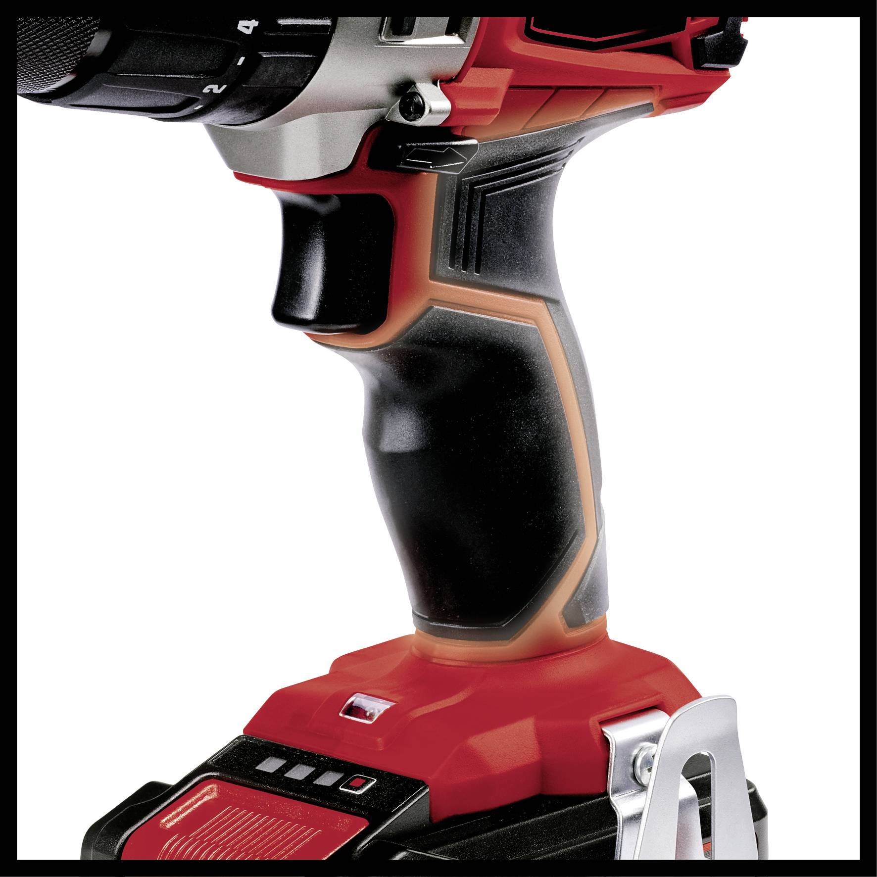 Electric drill driver with ergonomic handle and red casing, ready for use.
