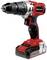 Cordless drill with a red and black casing, silver drill head, and a battery at the base.