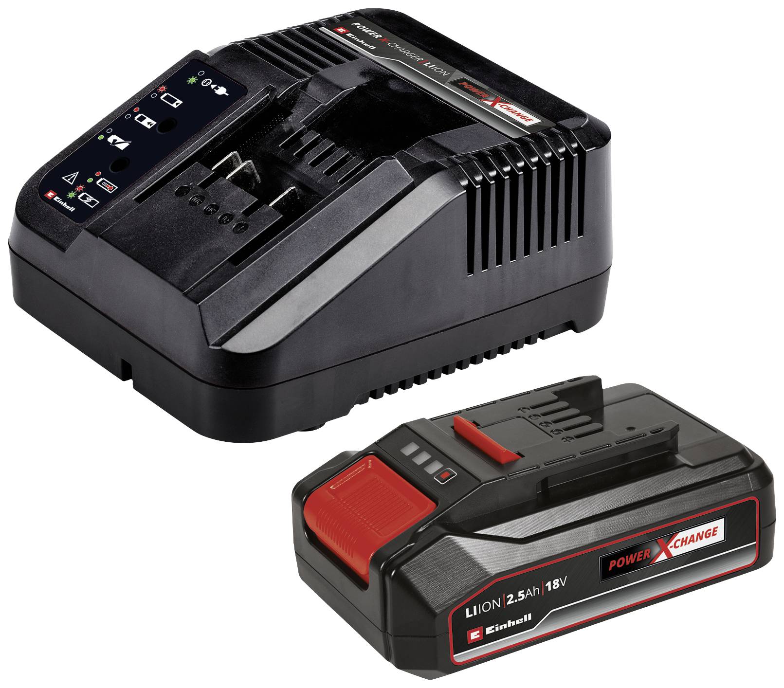 Battery charger and 18V lithium-ion battery placed side by side. Battery is part of the Power X-Change series, suitable for device operation and charging.
