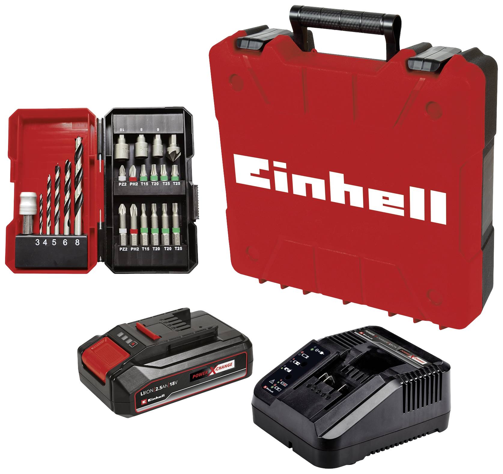 Cordless drill set with red Einhell case, including various drill bits, batteries, and charger, suitable for DIY projects.