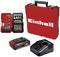 Cordless drill set with red Einhell case, including various drill bits, batteries, and charger, suitable for DIY projects.