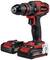 Cordless drill in red and black with two lithium-ion batteries, suitable for drilling and screwing tasks.