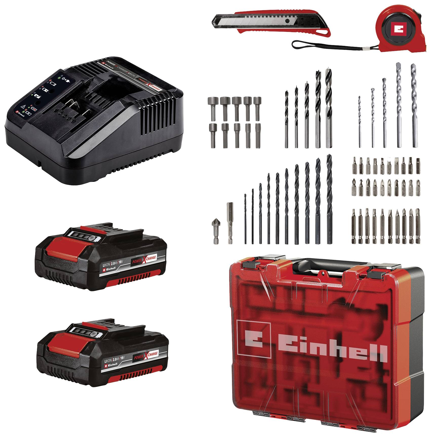 'Cordless drill charger, two batteries, case and various drilling accessories on white background. Brand: Einhell. Includes drill bits and driver bits.'