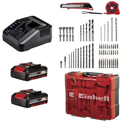 'Cordless drill charger, two batteries, case and various drilling accessories on white background. Brand: Einhell. Includes drill bits and driver bits.'