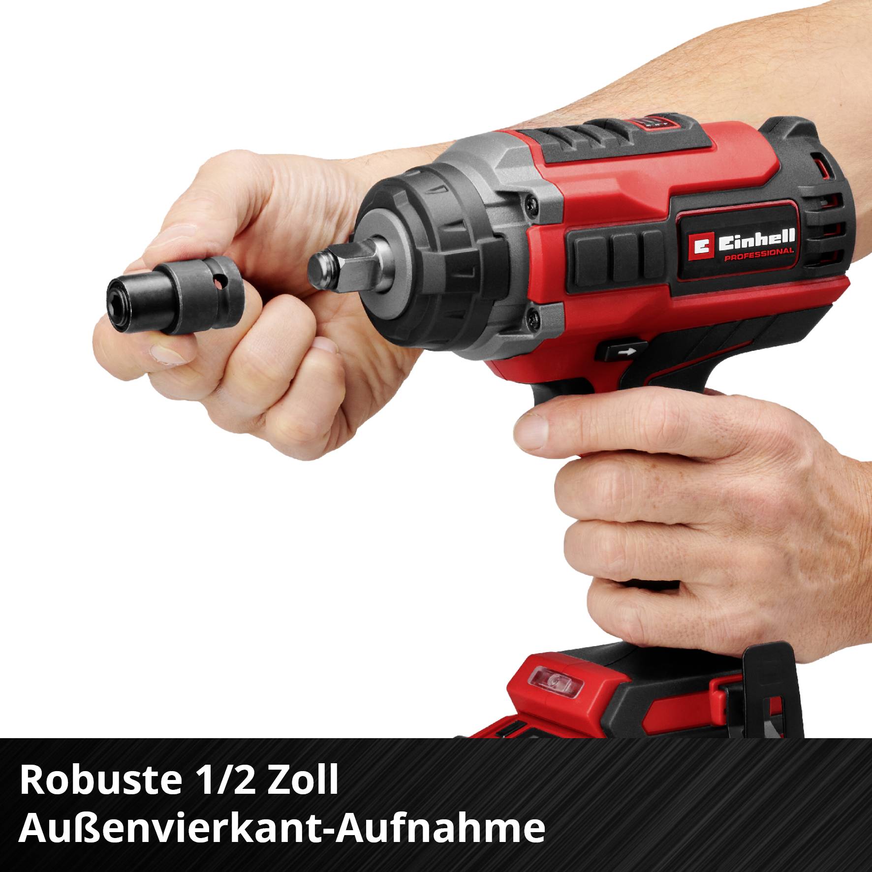Cordless impact driver in action. Hands holding the device whilst a component is being changed. Text: 'Robust 1/2 inch external square drive'.