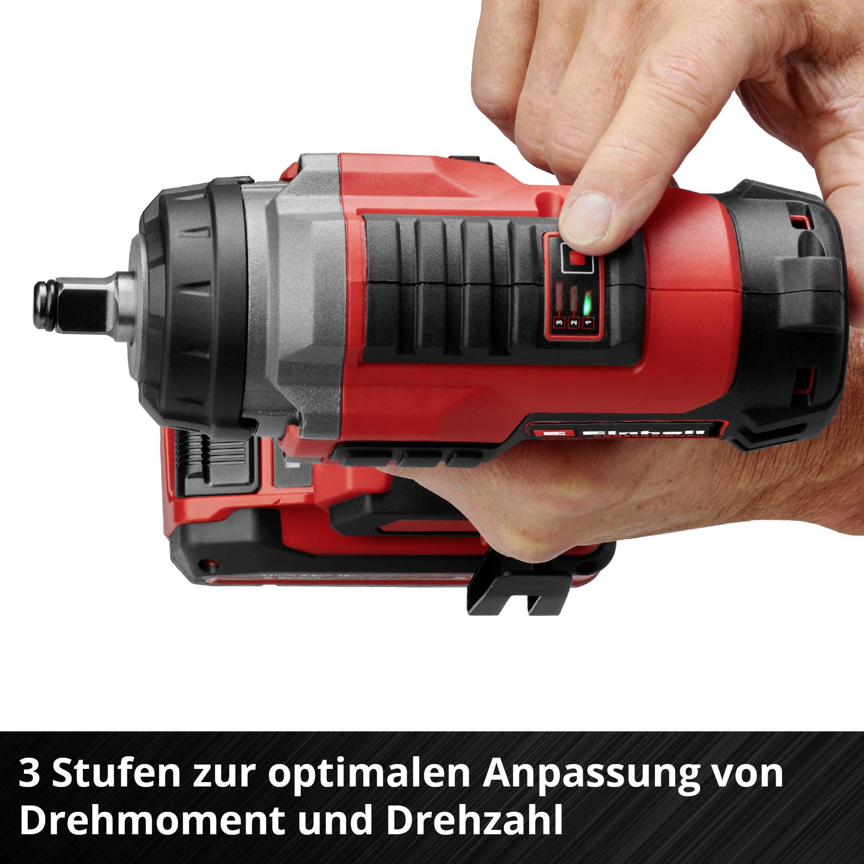 A red cordless impact driver is being held with one hand. Text below: '3 steps to optimally adjust torque and speed'.