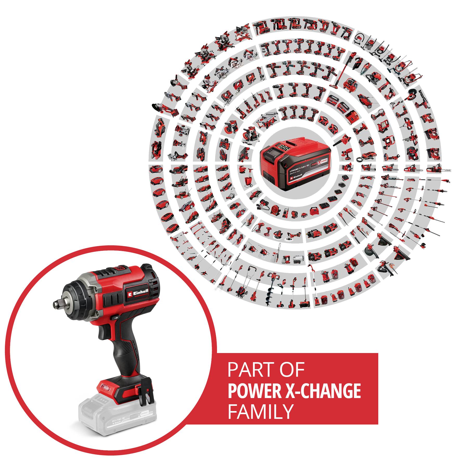 A red cordless drill from the Power X-Change series, surrounded by a circle of various compatible tool attachments.