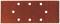 A rectangular, red sandpaper with eight evenly distributed round holes.