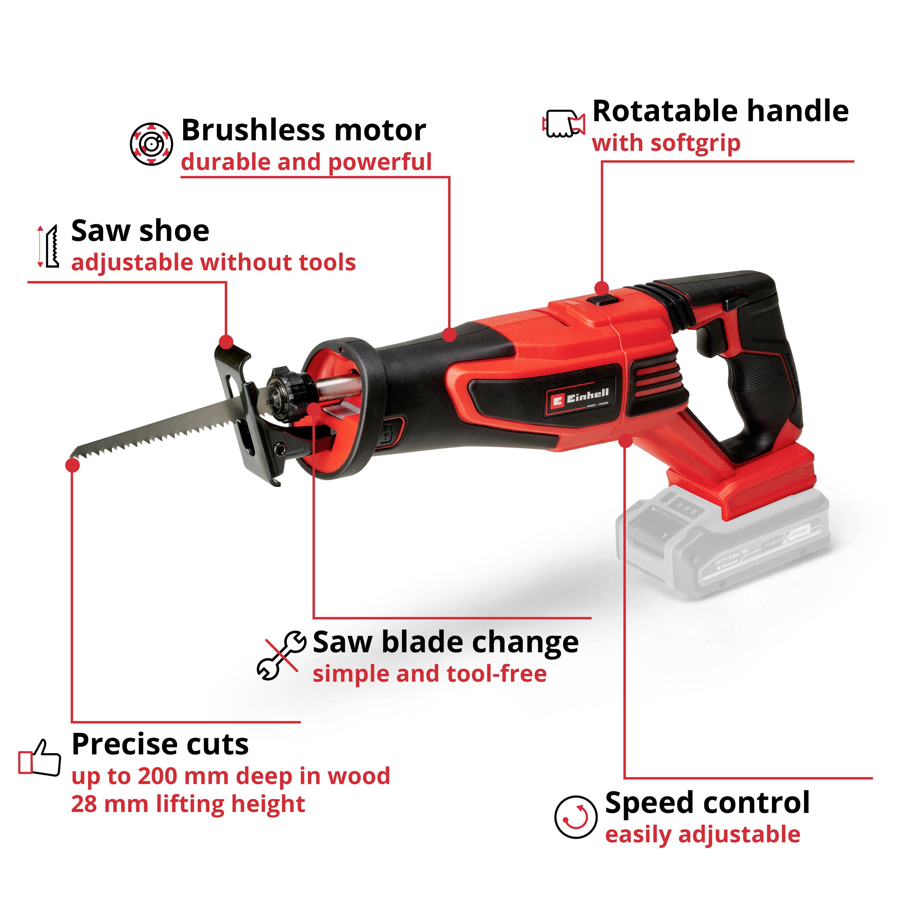 'Cordless reciprocating saw with brushless motor, adjustable saw foot, easy blade change, variable speed control, and precise cuts up to 200 mm.'