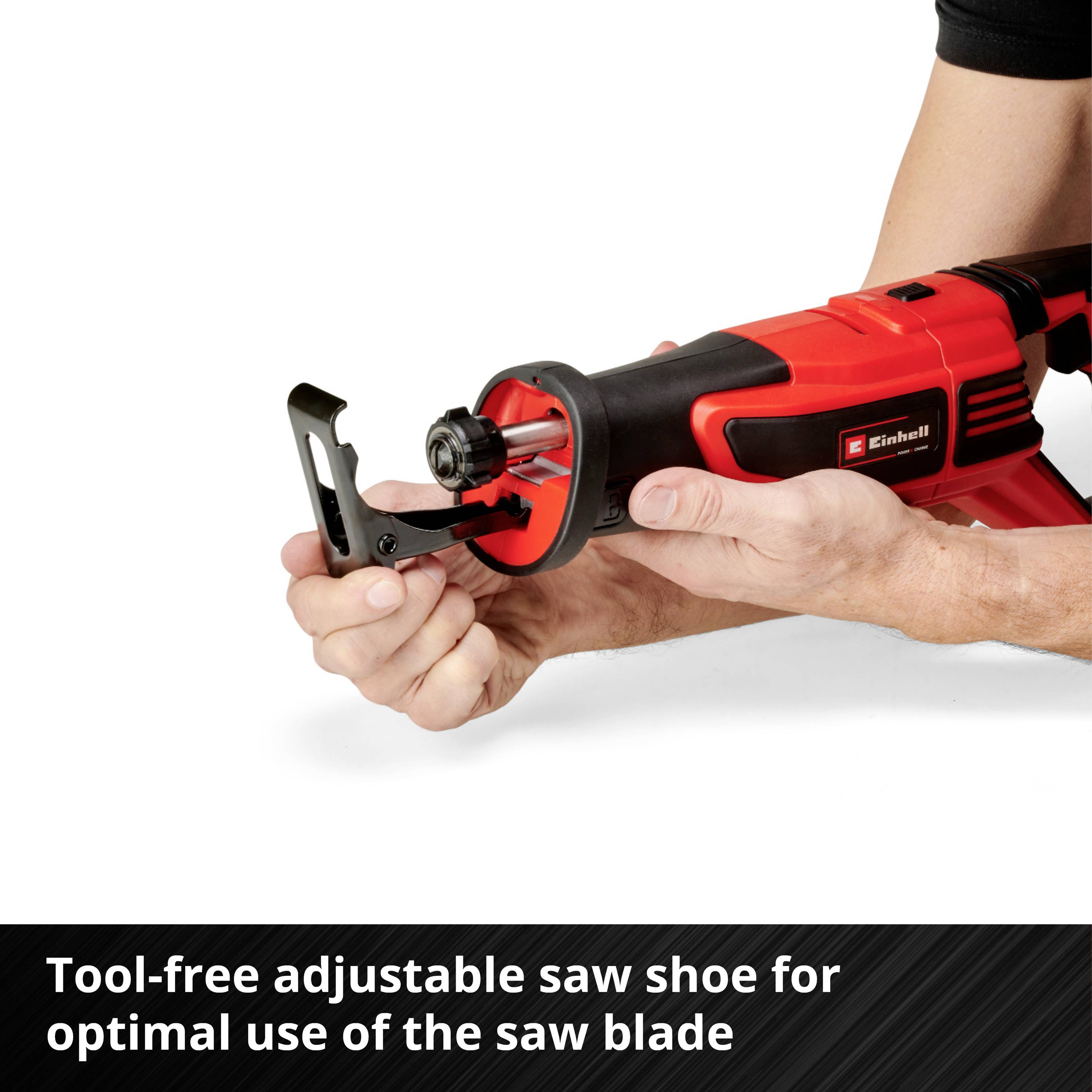 A red electric tool with an adjustable saw shoe. Text in the image: 'Tool-free adjustable saw shoe for optimal utilisation of the saw blade'.