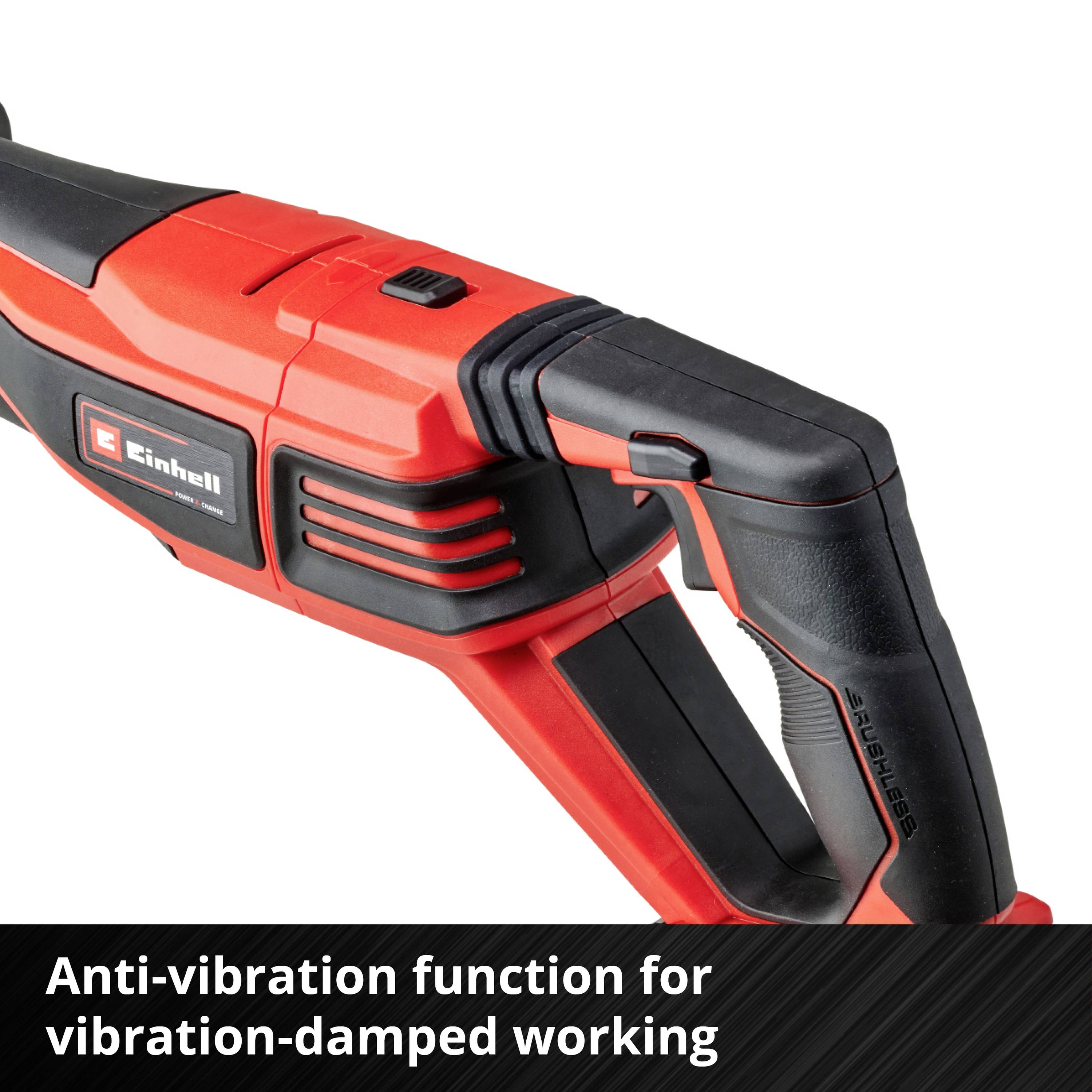 Close-up of a red power tool with a black handle and red switch. Labelled 'Anti-Vibration Function for Reduced Vibration Working'.