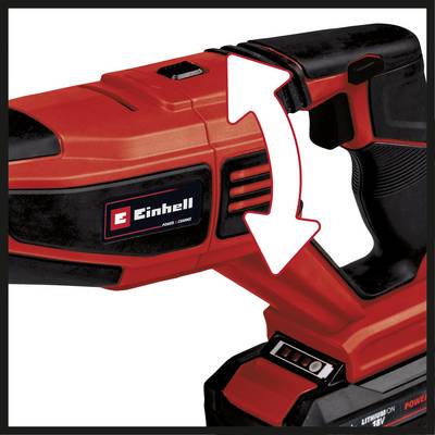 Einhell cordless screwdriver in red and black with an ergonomic handle and power button. Arrows indicate the directions of operating modes.