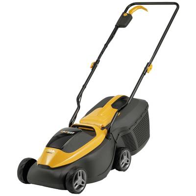 An electric lawn mower with a black and orange casing. Suitable for small to medium-sized gardens.