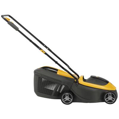 Electric lawnmower with yellow accents and black grass collector. Side view, focusing on functional design for home gardens.