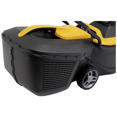 Lawnmower with yellow and black design, shown from the side. Focus on the grass collection bag and rear wheels.