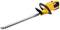 A yellow electric hedge trimmer with an ergonomic handle and long blade, suitable for cutting garden hedges.