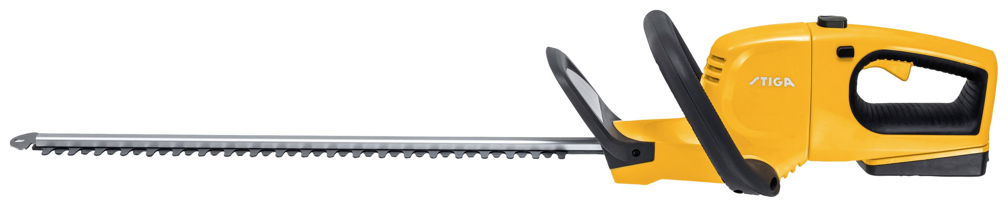 Electric hedge trimmer with a yellow handle and black safety guard, suitable for cutting hedges and shrubs.