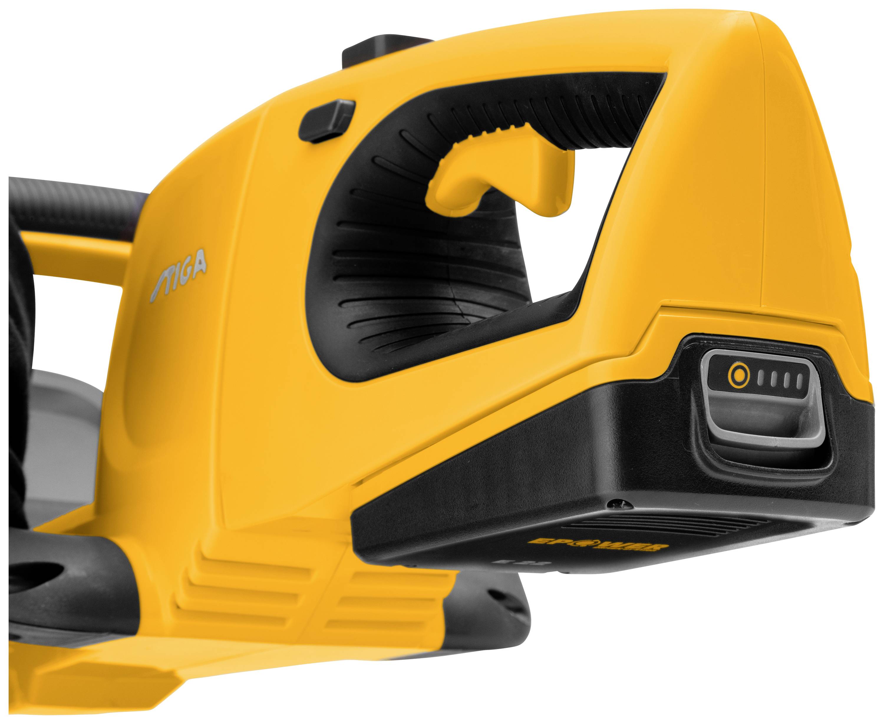 Yellow, battery-powered leaf blower with ergonomic handle and battery indicator, suitable for garden work.