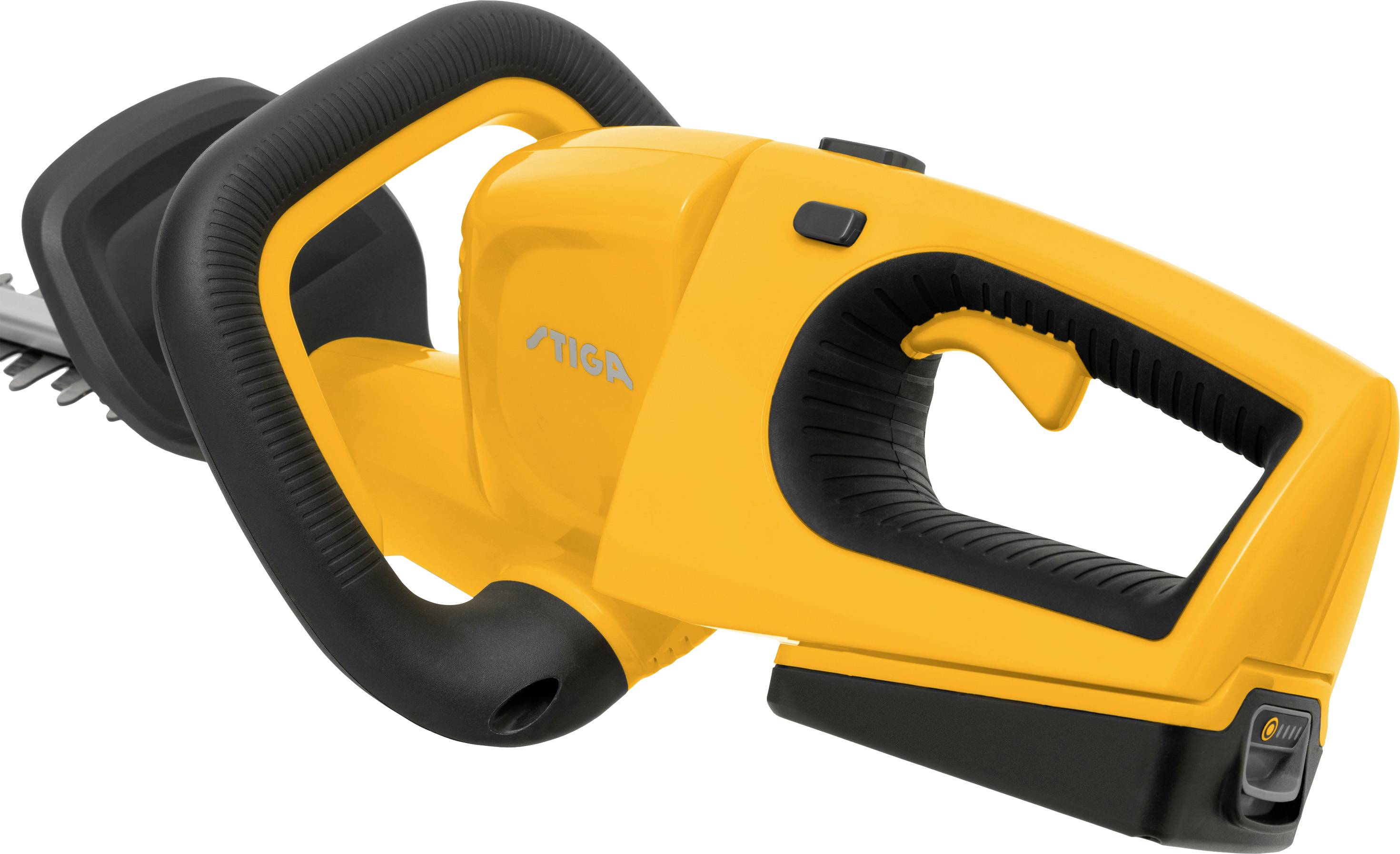 An electric hedge trimmer with a yellow casing and black handle, suitable for trimming hedges and shrubs in the garden.
