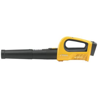 Battery-Powered Leaf Blower in Black and Yellow. Handle with Battery Unit, Long Blowing Tube for Efficient Leaf Clearance in the Garden.